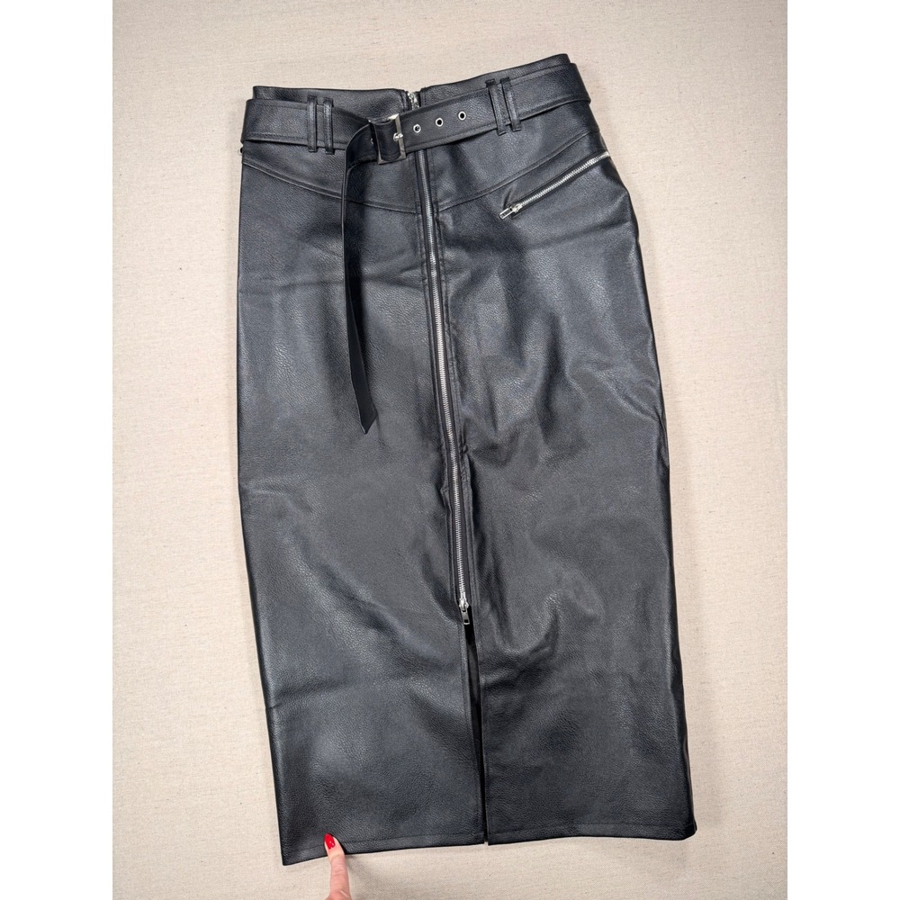 Missguided Black Faux Leather Belted Midi Skirt Front Zip Size US 8